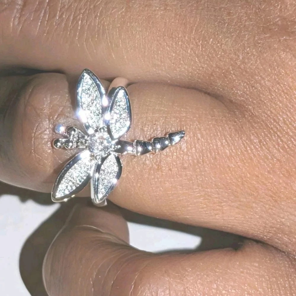 Vintage Women's Quality 925 Sterling Silver CZ Diamond  Dragonfly Ring  Size 5